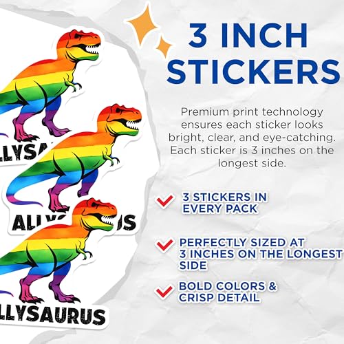 (3 Pack) AllySaurus Decals - Pride Dinosaur - LGBT Ally Decal - 3 Inches On Longest Side - Easy Peel & Apply - Made in USA - 3MCS8427