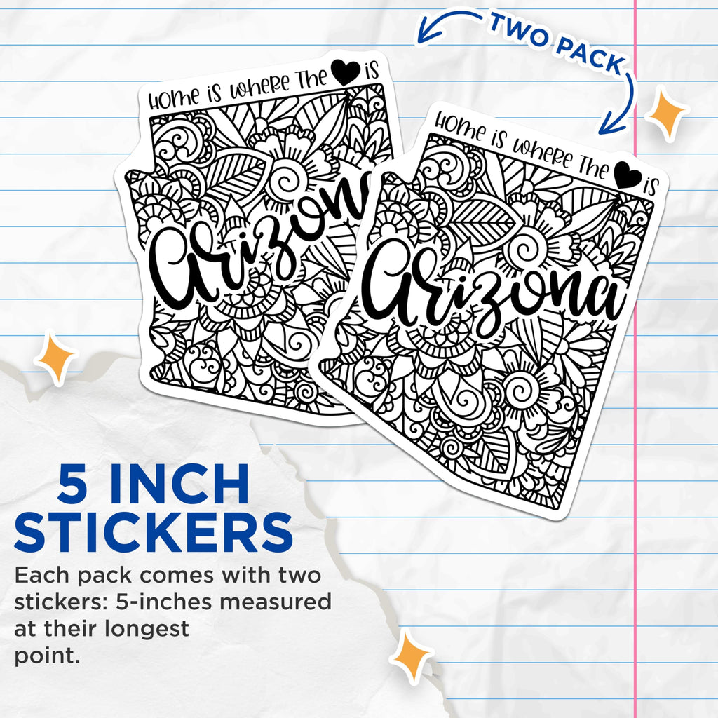 (2 Pack) Arizona State Outline Stickers - Home is Where The Heart is - Floral Design - 5" On Longest Side - Sticks to Smooth Flat Surfaces - Made in USA - BMCS9090
