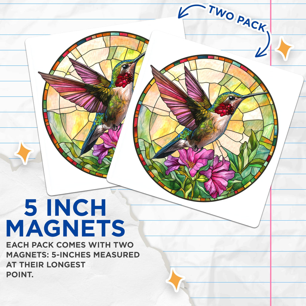(2 Pack) Stained Glass Hummingbird Magnets - Colorful Bird Art - Nature Inspired Fridge Decor - Avian Suncatcher Aesthetic - 5 Inches On Longest Side - Thick Durable Magnet - Made in USA - MAG24453