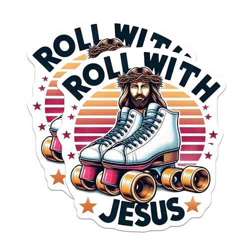 (2 Pack) Roll with Jesus Stickers - Christian Roller Skate Stickers - Inspirational Faith Stickers - 5" On Longest Side - Sticks to Smooth Flat Surfaces - Made in USA - BMCS4378