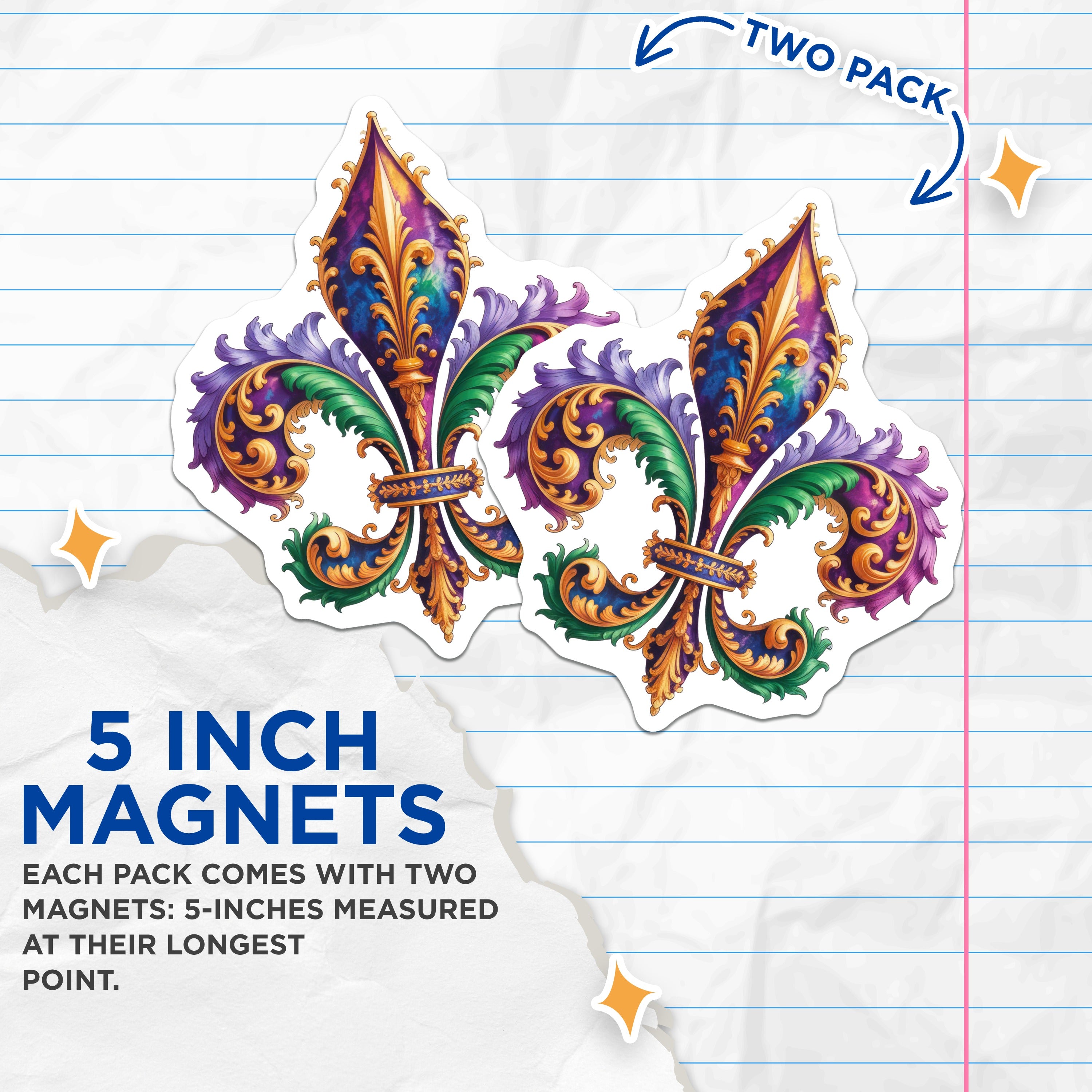 (2 Pack) Fleur de Lis Magnets - Mardi Gras Decor - New Orleans Souvenir - French Refrigerator Art - 5 Inches On Longest Side - Thick Durable Magnet - Made in USA - MAG37742