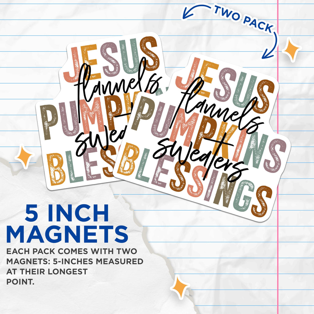 (2 Pack) Jesus Flannels Pumpkins Magnets - Sweaters Blessings Autumn Decor - Christian Fall Fridge Art - 5 Inches On Longest Side - Thick Durable Magnet - Made in USA - MAG29514