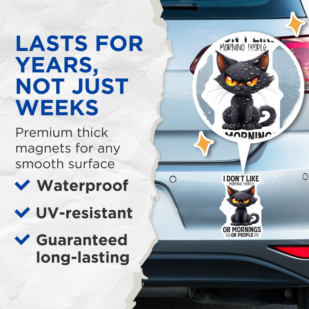 (2 Pack) Grumpy Black Cat Magnets - Morning Hater Decor - Introvert Humor Kitchen Art - Sarcastic Quote Refrigerator - 5 Inches On Longest Side - Thick Durable Magnet - Made in USA - MAG37901