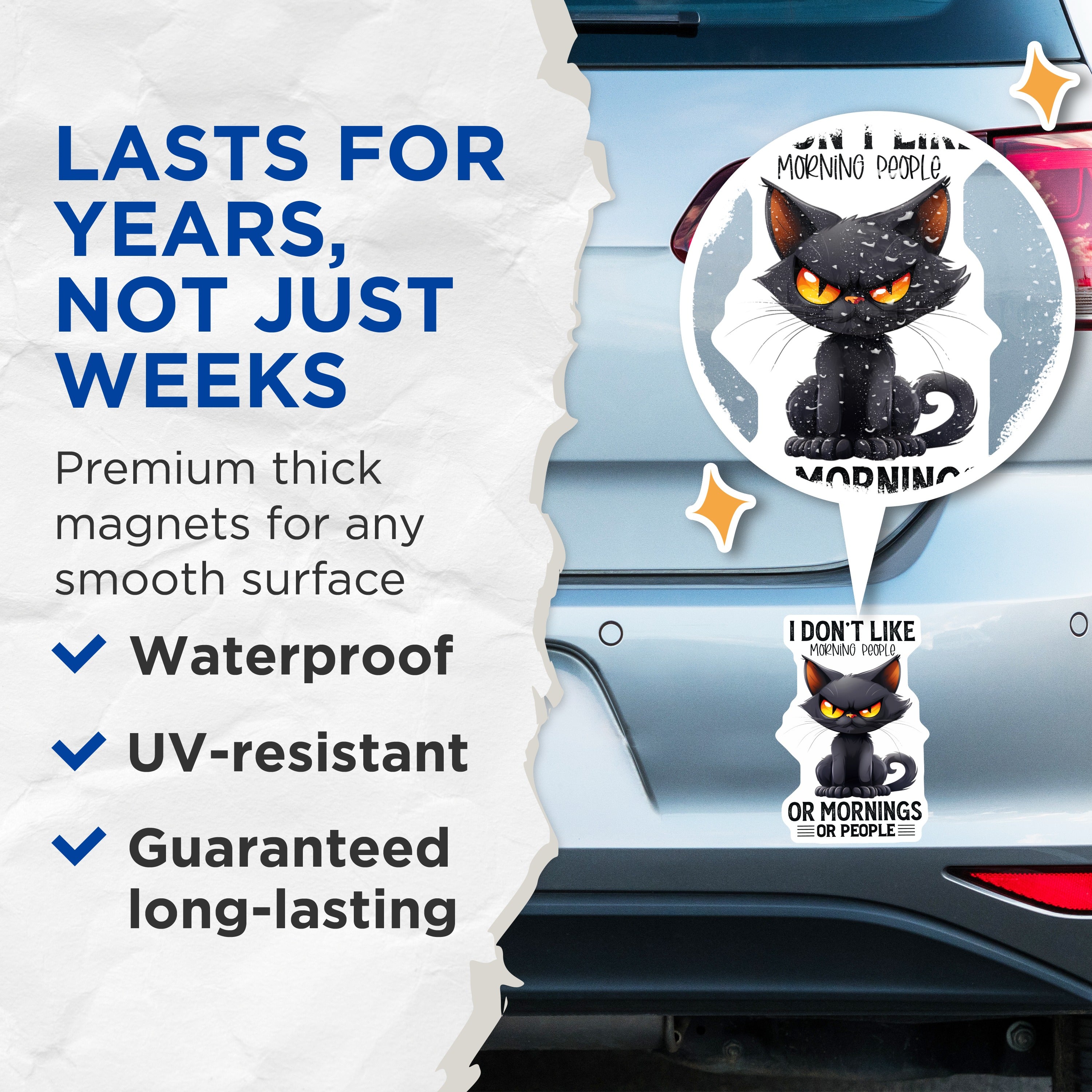 (2 Pack) Grumpy Black Cat Magnets - Morning Hater Decor - Introvert Humor Kitchen Art - Sarcastic Quote Refrigerator - 5 Inches On Longest Side - Thick Durable Magnet - Made in USA - MAG37901