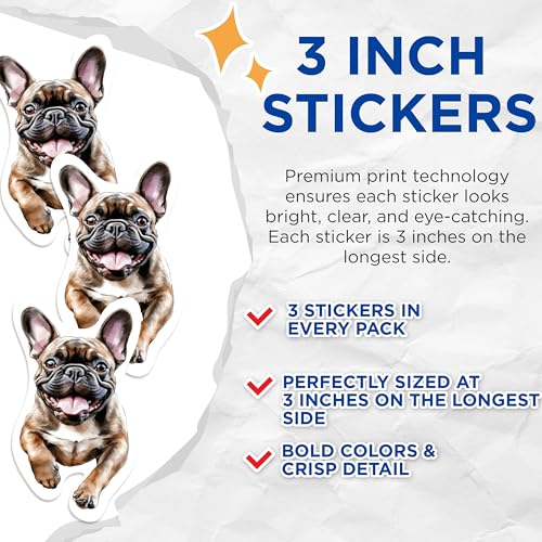(3 Pack) French Bulldog Decals - Cute Dog Stickers - Pet Lover Decals - 3 Inches On Longest Side - Easy Peel & Apply - Made in USA - 3MCS1057