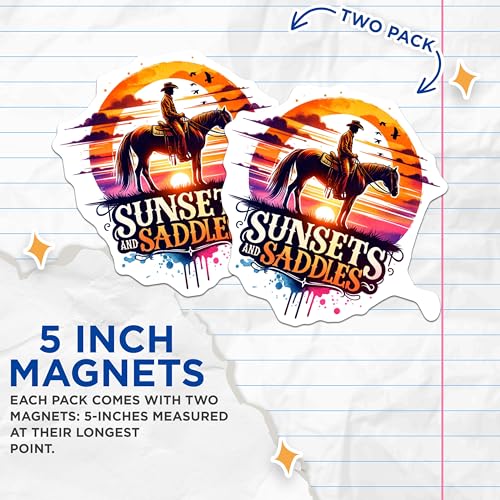(2 Pack) Sunsets and Saddles Magnets - Cowboy Riding - Western Scene - Rustic Decor - Horse Lover - Sunset Art - 5" On Longest Side - for Cars, Fridges, Toolboxes - Made in USA - MAG7078