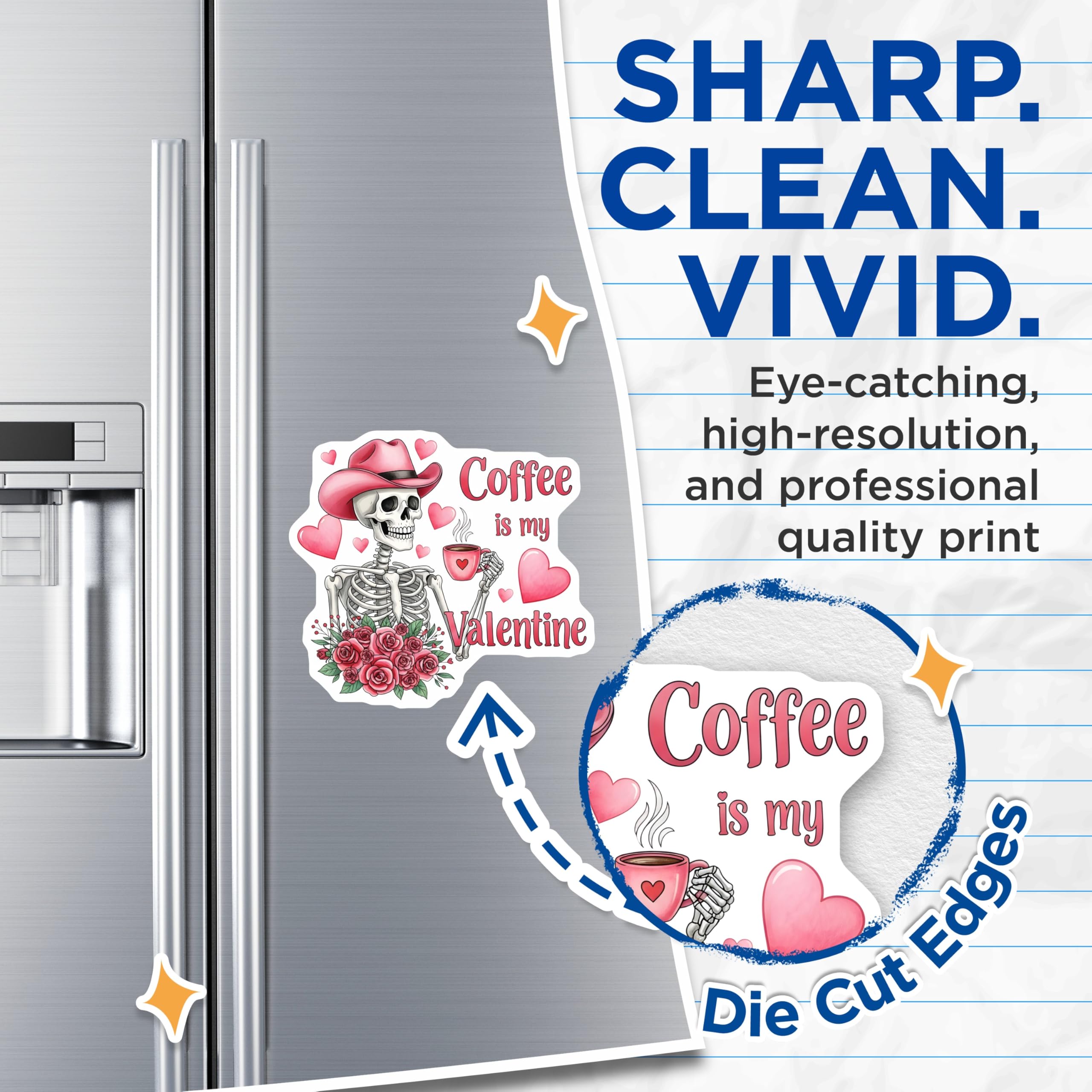 (2 Pack) Skeleton Valentine Magnets - Coffee Lover Decor - Pink Cowgirl Skeleton - Valentines Day Accents - 5 Inches On Longest Side - Thick Durable Magnet - Made in USA - MAG19237