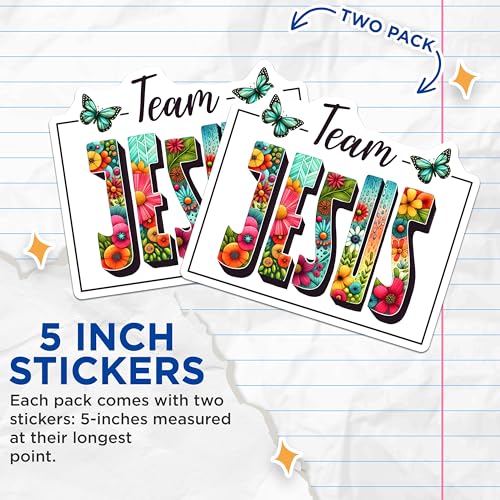 (2 Pack) Team Jesus Stickers - Christian Faith Stickers - Inspirational Flower Design Stickers for Journal Laptop - 5" On Longest Side - Sticks to Any Smooth Flat Surface - Made in USA - BMCS3123