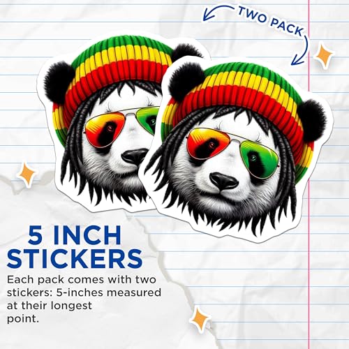 (2 Pack) Rasta Panda Stickers - Cool Animal Stickers - Trendy Panda Decals - 5" On Longest Side - Sticks to Smooth Flat Surfaces - Made in USA - BMCS4388