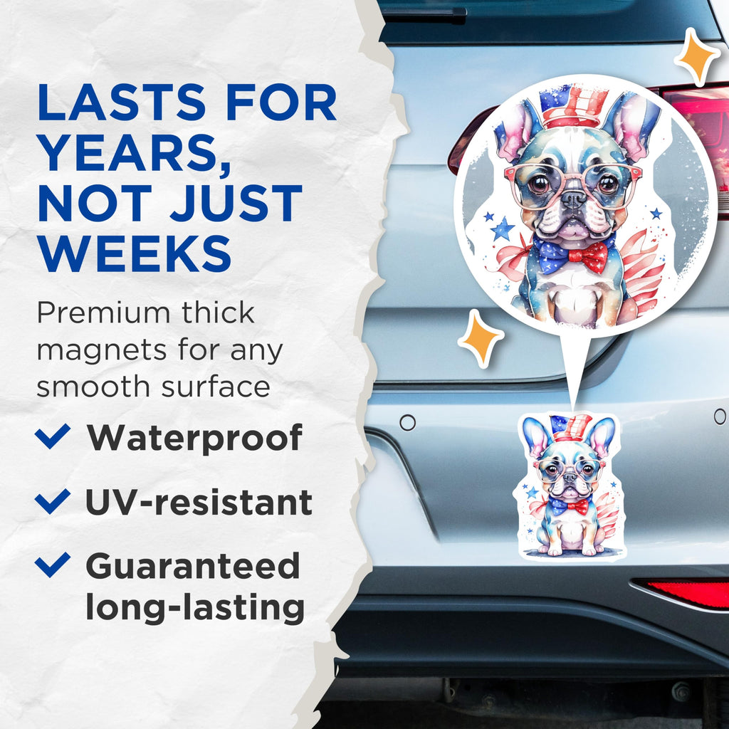 (2 Pack) Patriotic Dog Magnets - French Bulldog - USA Themed Home Decor - 5" On Longest Side - Premium Magnet - for Cars, Refrigerators, Toolboxes, Lockers - Made in USA - MAG16302
