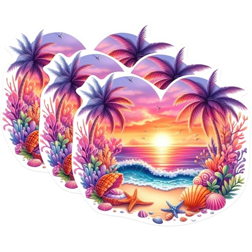 (3 Pack) Tropical Beach Decals - Sunset Palm Tree - Ocean Wave Laptop Decals - 3 Inches On Longest Side - Easy Peel & Apply - Made in USA - 3MCS1098