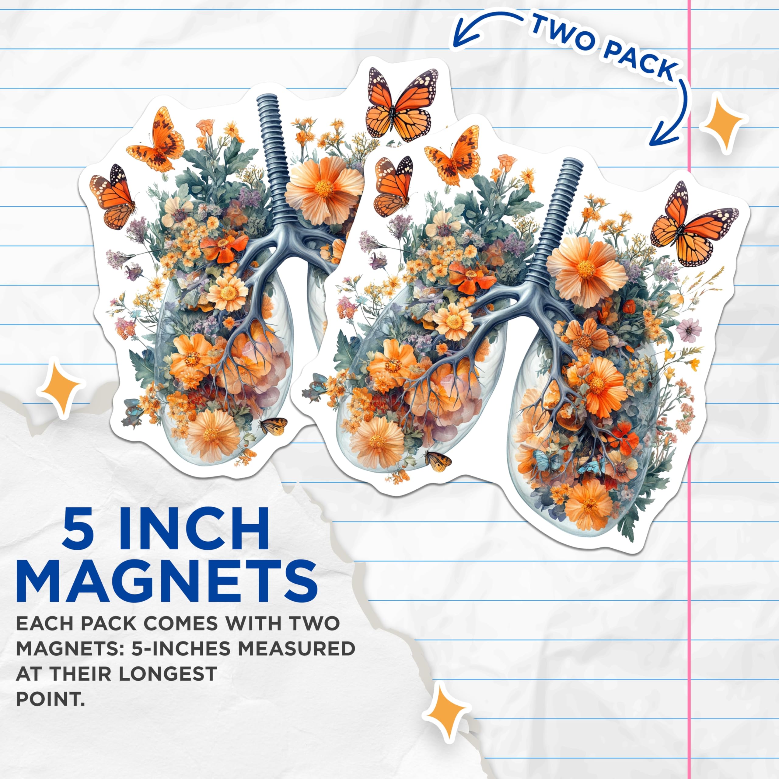 (2 Pack) Floral Lungs Magnets - Botanical Anatomy Art - Butterfly Nature Science Decor for Refrigerator - 5 Inches On Longest Side - Thick Durable Magnet - Made in USA - MAG20089