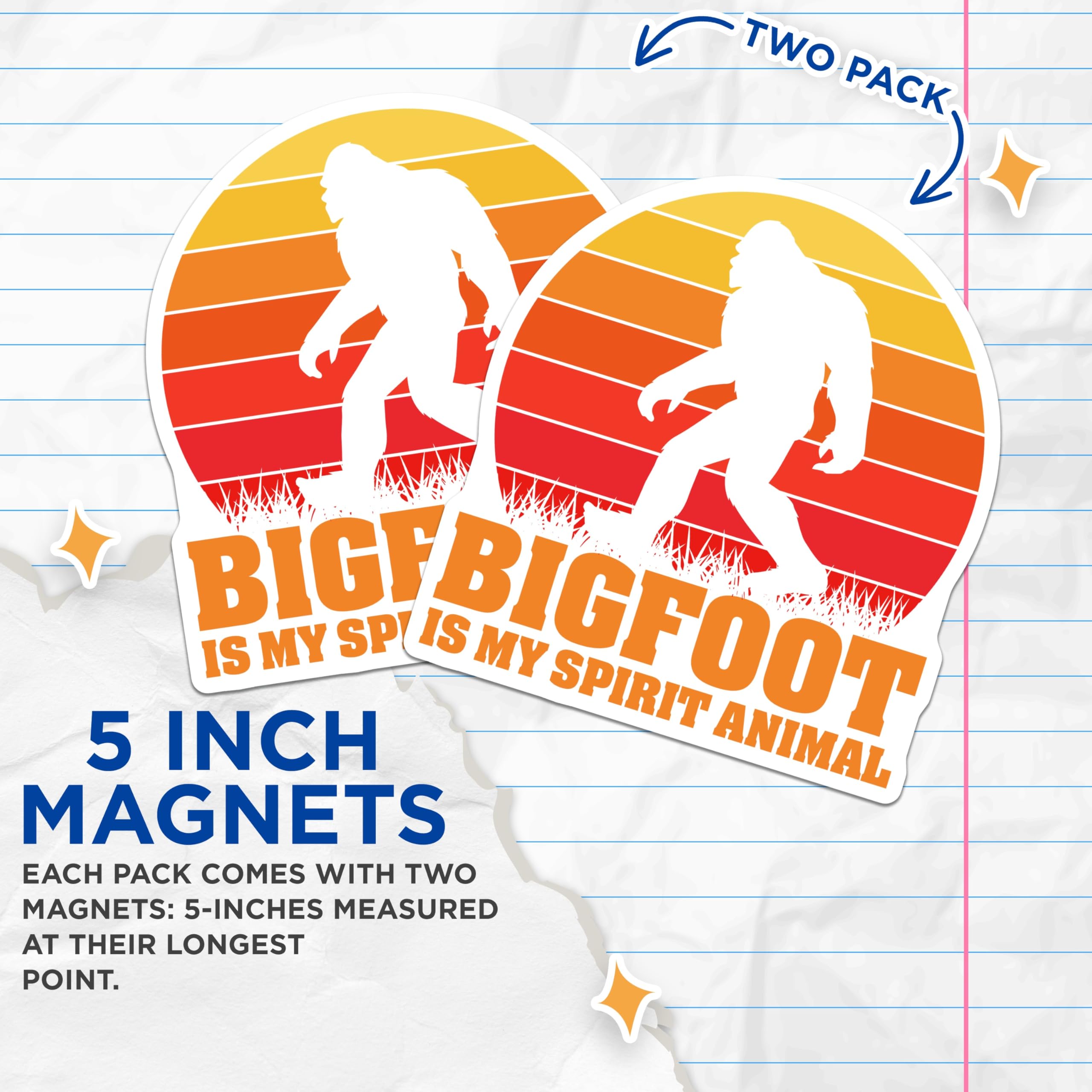 (2 Pack) Bigfoot Spirit Animal Magnets - Retro Sunset Sasquatch Cryptid - Humorous Mythical Monster Fridge Accessory - 5 Inches On Longest Side - Thick Durable Magnet - Made in USA - MAG20221