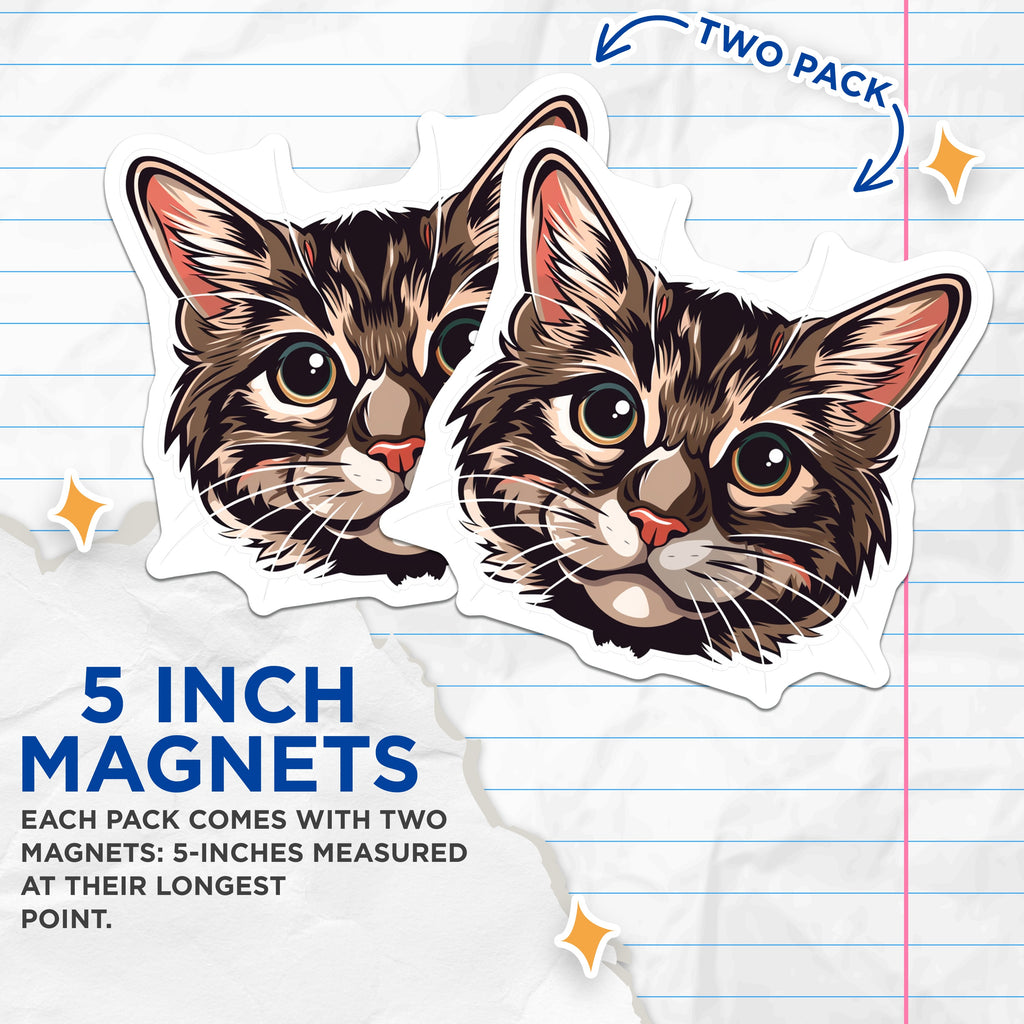 (2 Pack) Cute Tabby Cat Face Magnets - Pet Lover Refrigerator Feline Kitchen Decor - Cat Mom Car Magnets - 5 Inches On Longest Side - Thick Durable Magnet - Made in USA - MAG37521