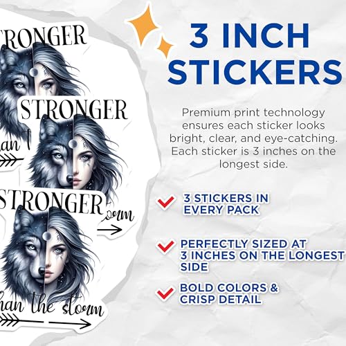 (3 Pack) Wolf Woman Decals - Stronger Than The Storm - Fantasy Art - 3 Inches On Longest Side - Easy Peel & Apply - Made in USA - 3MCS8005