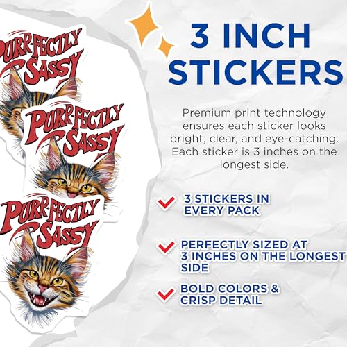 (3 Pack) Sassy Cat Decals - Purrfectly Funny Cat - Grumpy Feline Laptop Decals - 3 Inches On Longest Side - Easy Peel & Apply - Made in USA - 3MCS2733