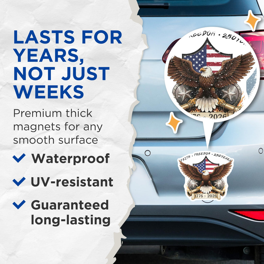 (2 Pack) Patriotic Eagle Magnets - American Flag Decor - 250 Year Anniversary Freedom - 5 Inches On Longest Side - Thick Durable Magnet - Made in USA - MAG30801
