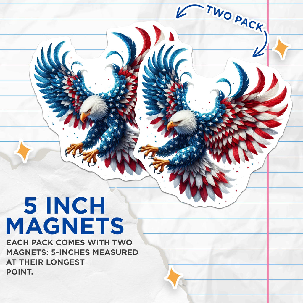 (2 Pack) American Patriotic Eagle Magnets - USA Flag Design Decor - Independence Day Celebration - 5 Inches On Longest Side - Thick Durable Magnet - Made in USA - MAG20382