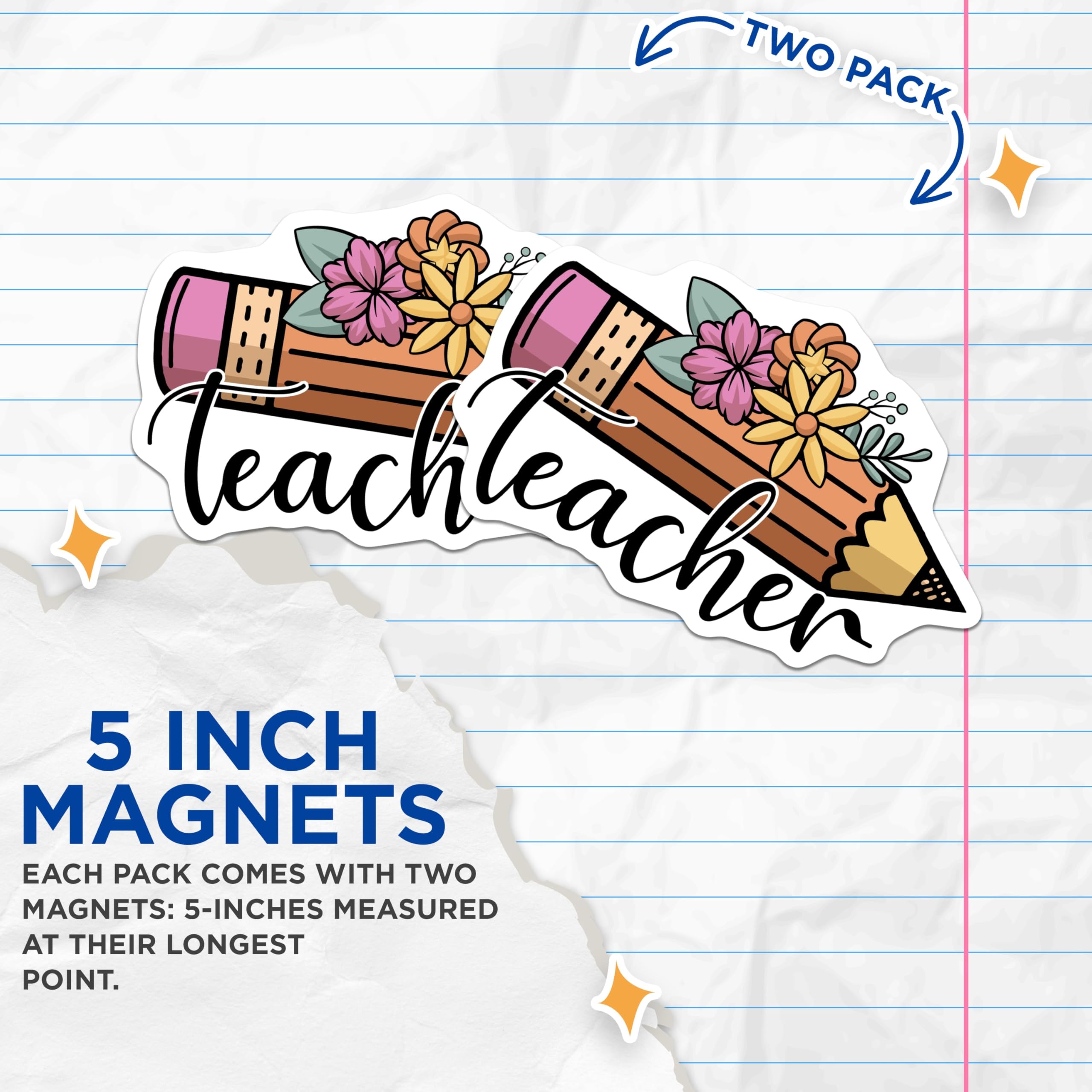 (2 Pack) Teacher Pencil Magnets - Floral Teacher - Teacher Appreciation Magnets - 5" On Longest Side - Premium Magnet - for Cars, Refrigerators, Toolboxes, Lockers - Made in USA - MAG18191