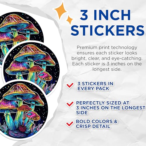 (3 Pack) Mushroom Decals - Psychedelic Art - Laptop Stickers- 3 Inches On Longest Side - Easy Peel & Apply - Made in USA - 3MCS5909