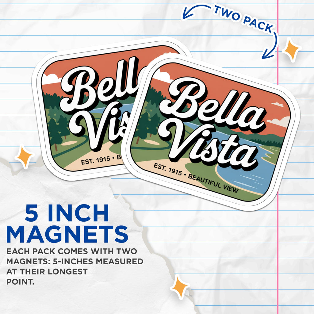 (2 Pack) Bella Vista Magnets - Retro Travel Poster - Scenic Lake Landscape - Vintage Nature Art Est 1915-5 Inches On Longest Side - Thick Durable Magnet - Made in USA - MAG19319