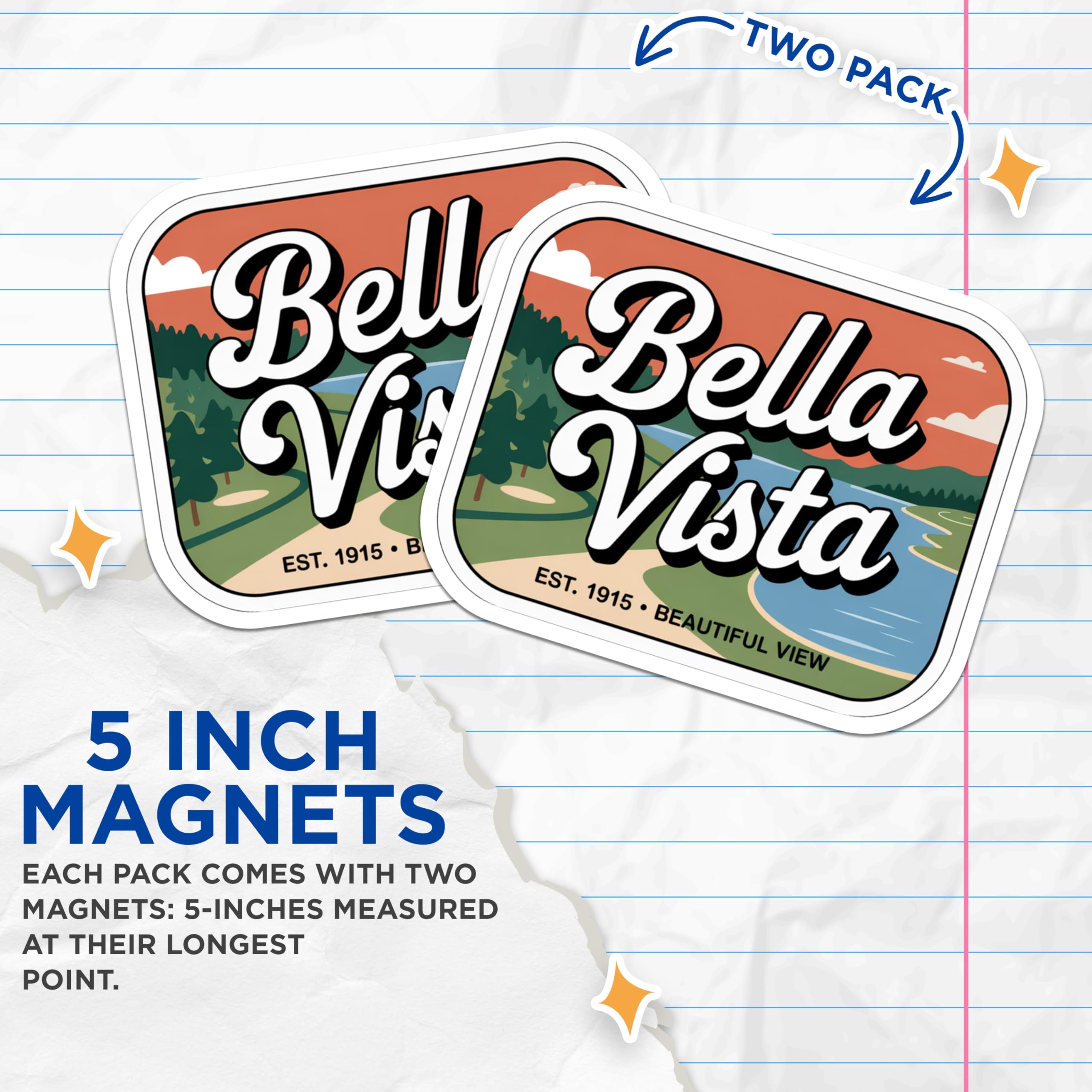 (2 Pack) Bella Vista Magnets - Retro Travel Poster - Scenic Lake Landscape - Vintage Nature Art Est 1915-5 Inches On Longest Side - Thick Durable Magnet - Made in USA - MAG19319