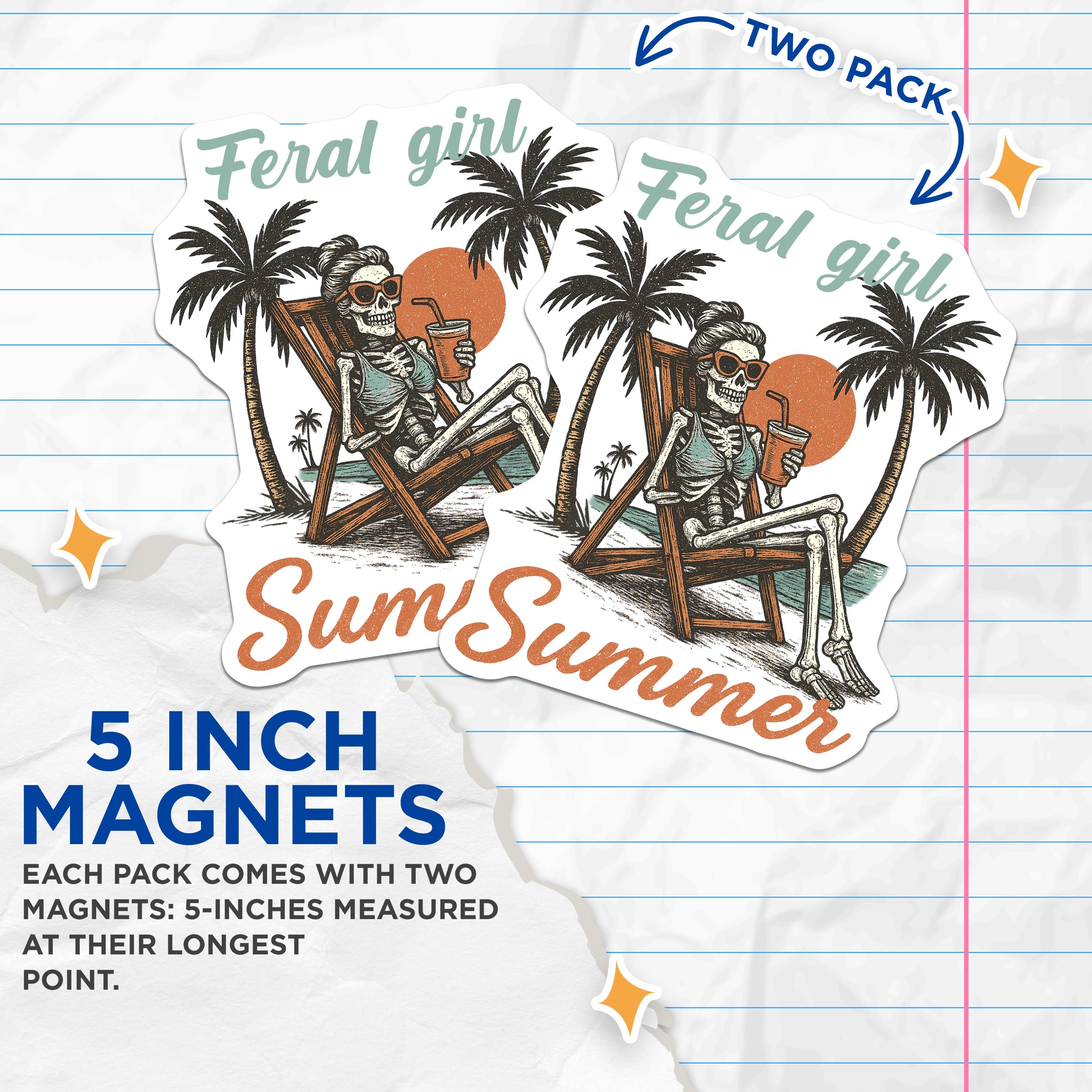 (2 Pack) Feral Girl Summer Magnets - Skeleton Beach Vacation - Retro Chill Vibes - Dark Humor Decor - 5 Inches On Longest Side - Thick Durable Magnet - Made in USA - MAG38514