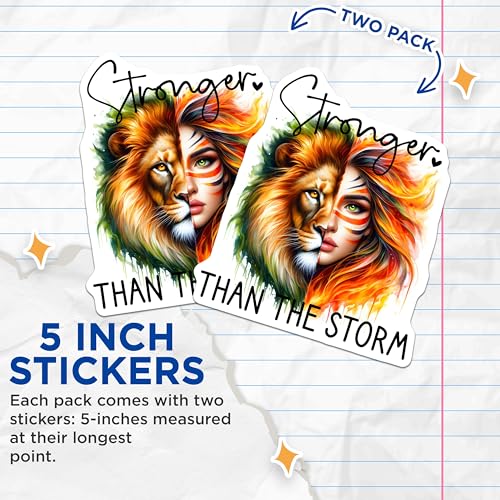(2 Pack) Stronger Than The Storm Stickers - Lion and Girl Art - Inspirational Sticker - 5" On Longest Side - Sticks to Smooth Flat Surfaces - Made in USA - BMCS9240