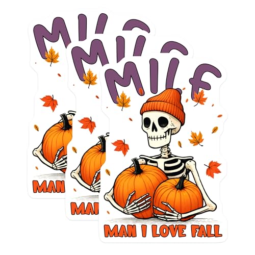 (3 Pack) Milf Man I Love Fall Decals - Skeleton with Pumpkins - Autumn Laptop Decal - 3 Inches On Longest Side - Easy Peel & Apply - Made in USA - 3MCS8528
