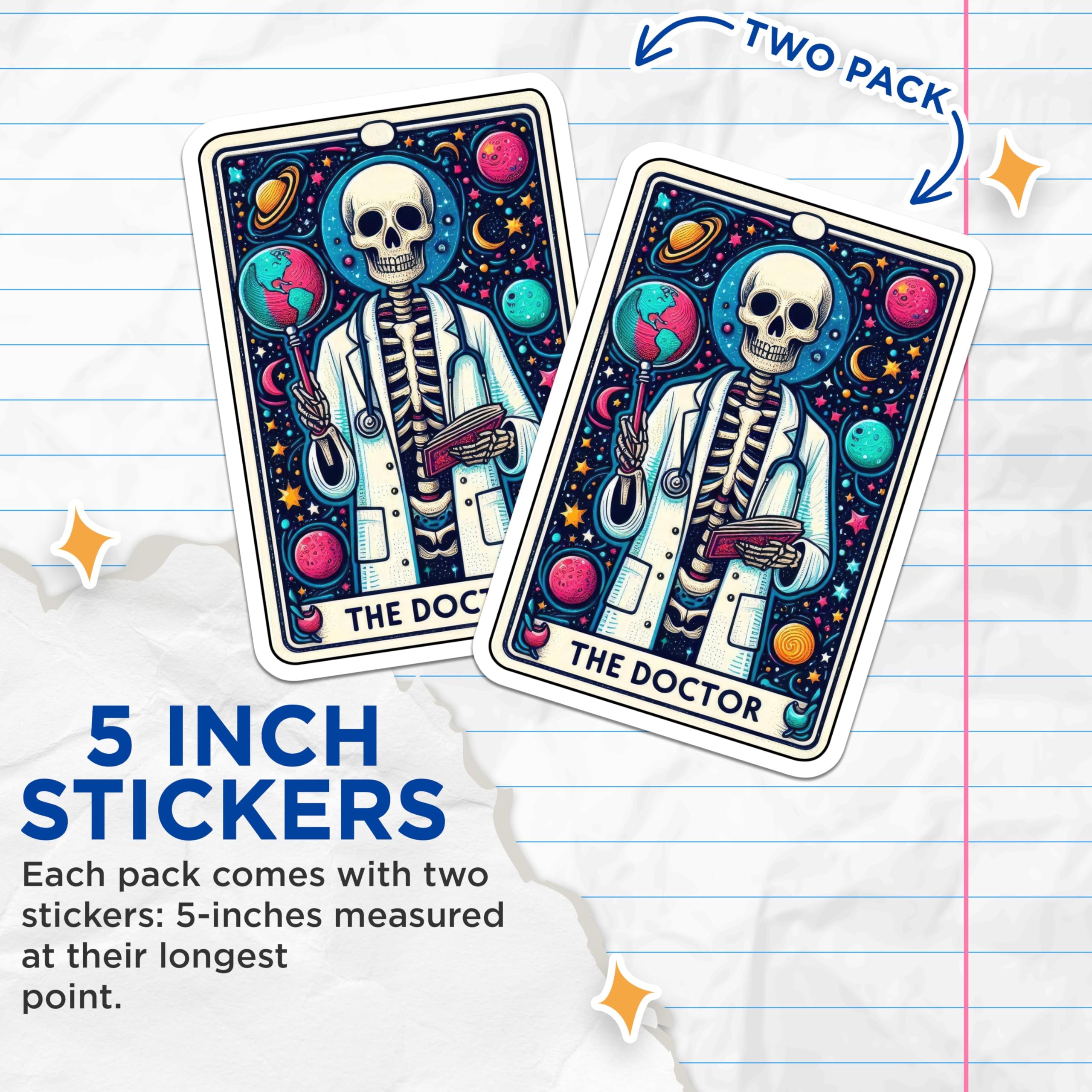 (2 Pack) Skeleton Doctor Stickers - Tarot Card Stickers - Skeleton Art Stickers - Doctor Humor Stickers - 5" On Longest Side - Sticks to Smooth Flat Surfaces - Made in USA - BMCS5387