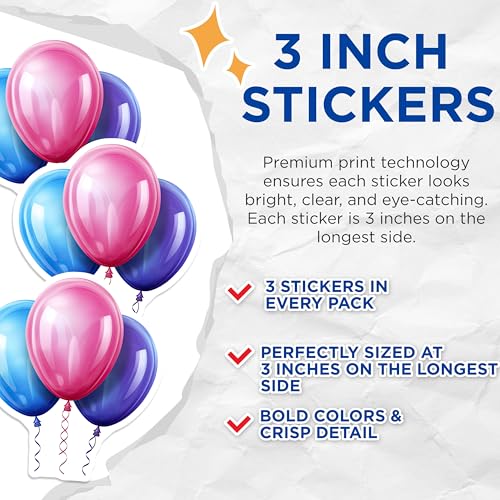 (3 Pack) Colorful Balloon Decals - Party Decal - Celebration Decoration- 3 Inches On Longest Side - Easy Peel & Apply - Made in USA - 3MCS5646