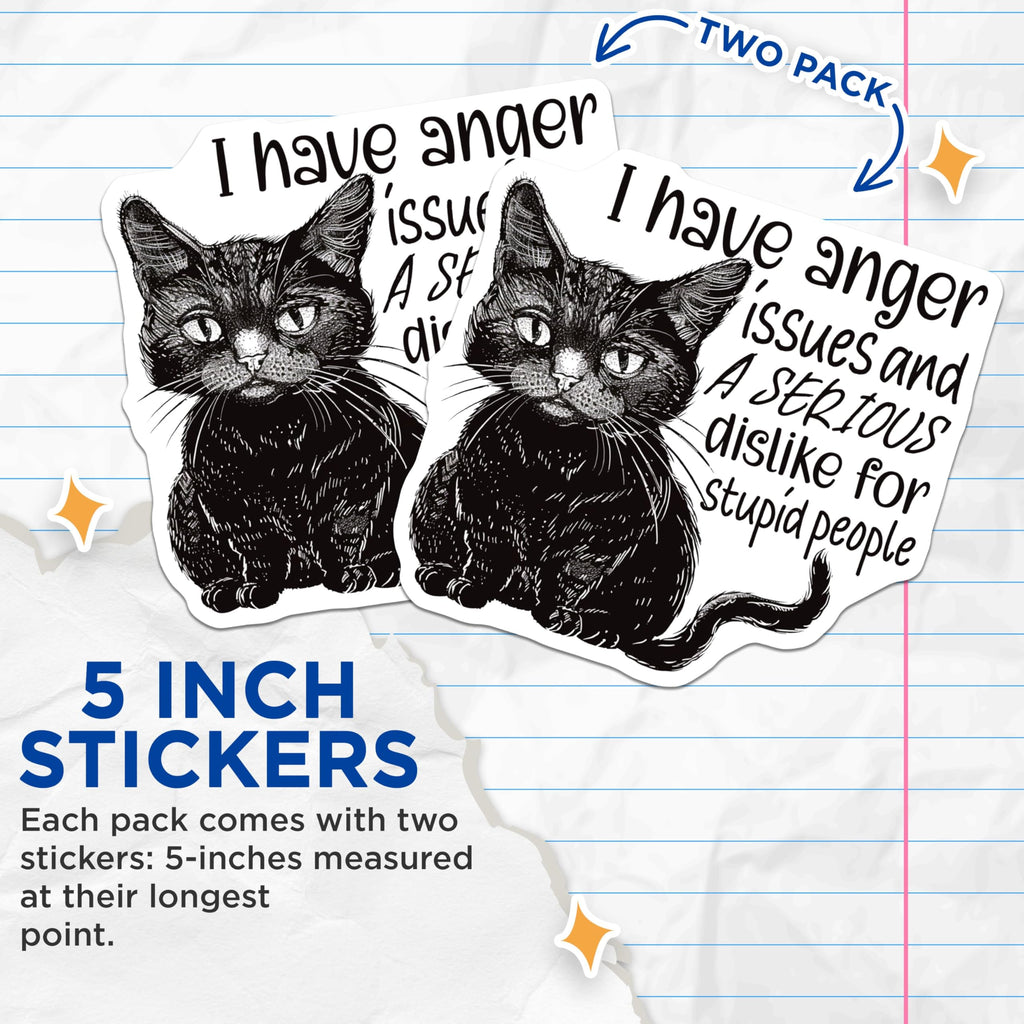 (2 Pack) Funny Cat Stickers - Anger Issues Cat Stickers - Sarcastic Quote Stickers - 5" On Longest Side - Sticks to Smooth Flat Surfaces - Made in USA - BMCS4335