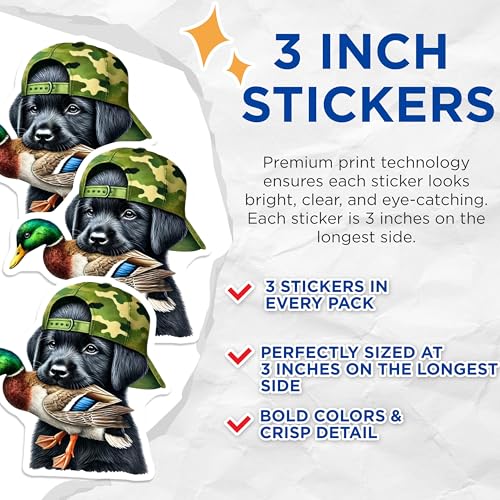 (3 Pack) Labrador Duck Hunting Decals - Puppy Camo Hat - Hunting Dog Stickers - 3 Inches On Longest Side - Easy Peel & Apply - Made in USA - 3MCS7426