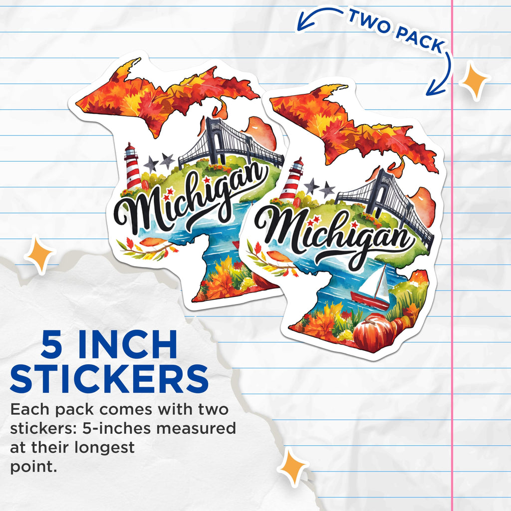 (2 Pack) Michigan State Stickers - Michigan Map Decal - Great Lakes Travel Sticker - State Landmark Sticker - 5" On Longest Side - Sticks to Smooth Flat Surfaces - Made in USA - BMCS6285