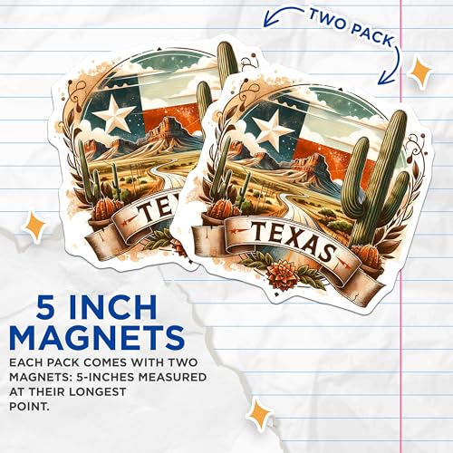 (2 Pack) Texas Lone Star Magnets - Desert Cactus Design - Western Landscape - Souvenir Decor - State Pride - 5" On Longest Side - for Cars, Fridges, Toolboxes - Made in USA - MAG7218
