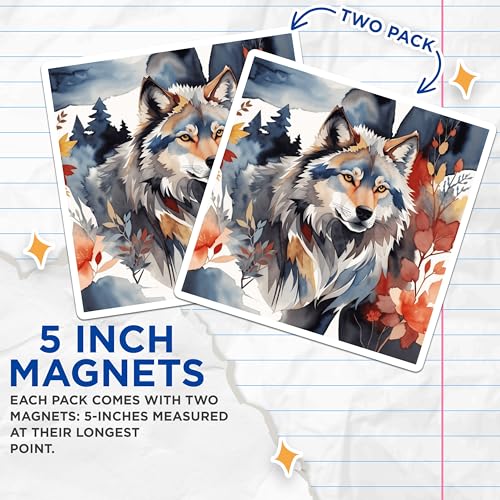 (2 Pack) Wolf Art Magnets Magnets - Animal Decor - Nature Lovers - 5" On Longest Side - Made in USA - Sticks to Refrigerators & Metal Surfaces - MAG8712
