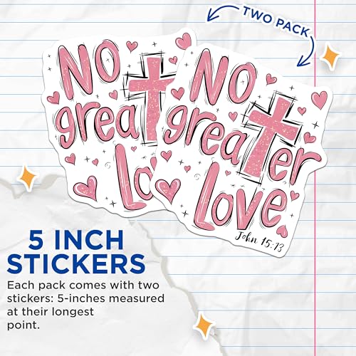 (2 Pack) No Greater Love Stickers - Christian Faith Stickers - Bible Verse Stickers - 5" On Longest Side - Sticks to Smooth Flat Surfaces - Made in USA - BMCS3961