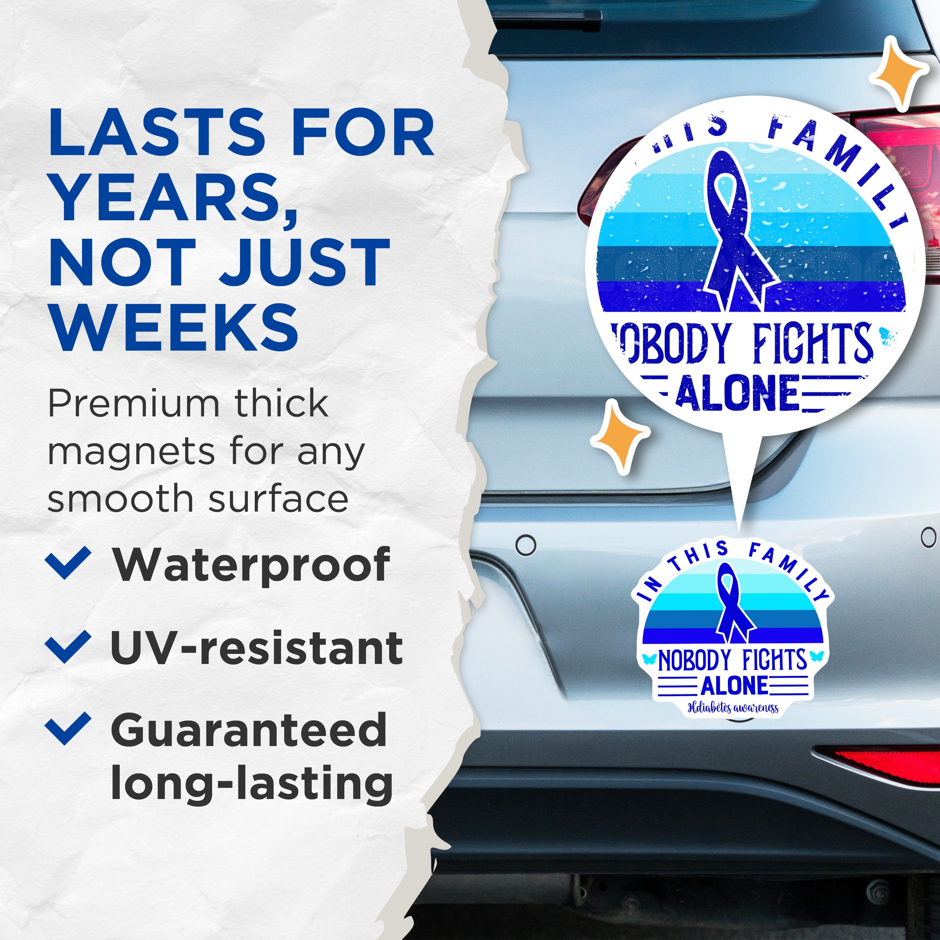 (2 Pack) Diabetes Awareness Magnets - Family Support Quote - Nobody Fights Alone Blue Ribbon - 5 Inches On Longest Side - Thick Durable Magnet - Made in USA - MAG38848