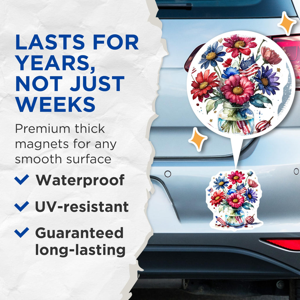 (2 Pack) Patriotic Flower Magnets - American Flag Decor - July 4th Fridge Magnets - 5" On Longest Side - Premium Magnet - for Cars, Refrigerators, Toolboxes, Lockers - Made in USA - MAG14367