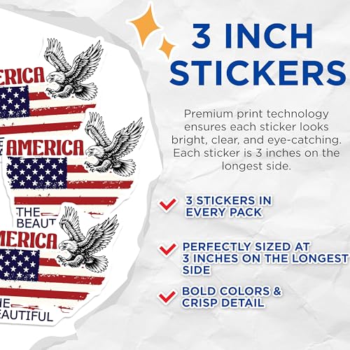 (3 Pack) American Flag Decals - Eagle Decal - Patriotic Decor - 3 Inches On Longest Side - Easy Peel & Apply - Made in USA - 3MCS6177