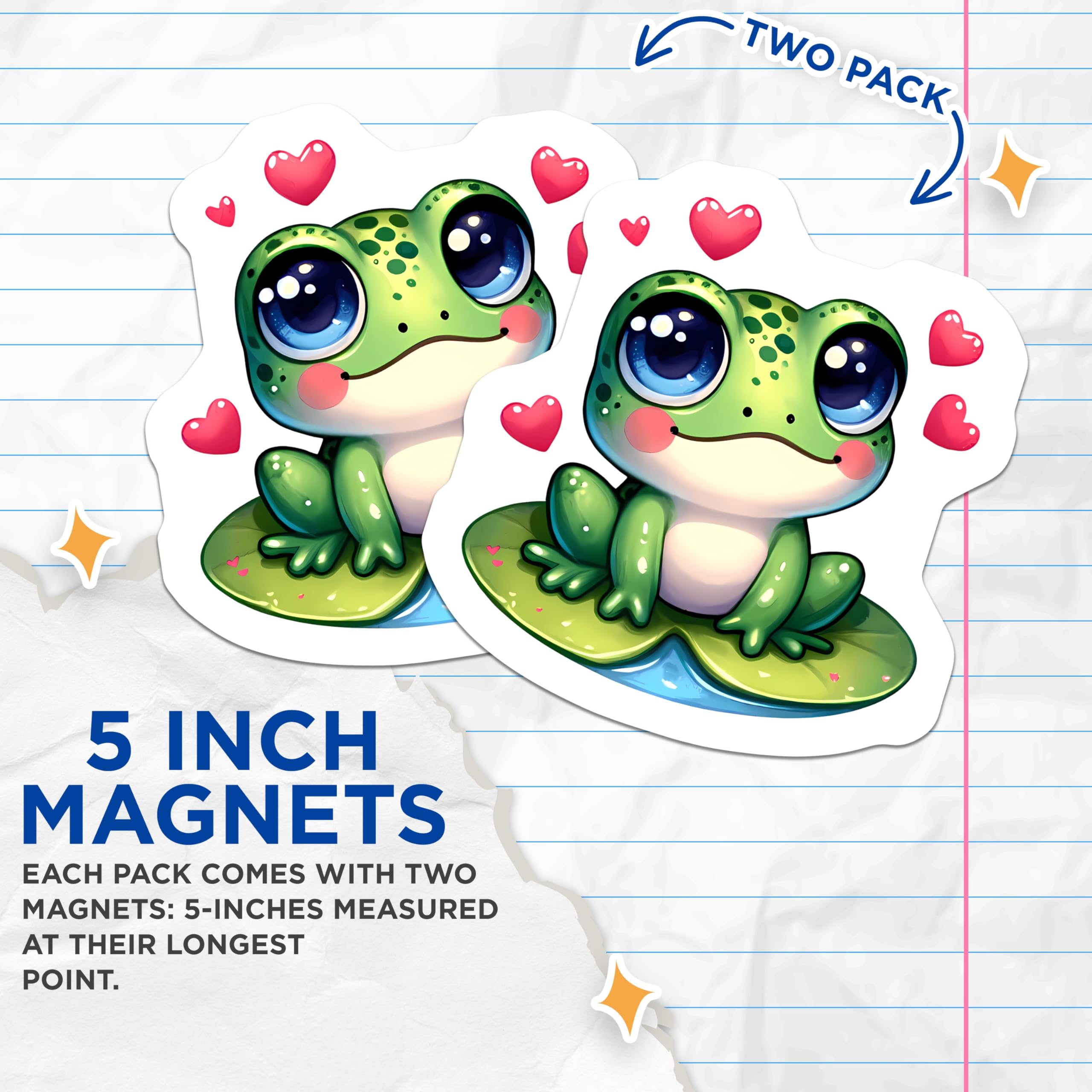 (2 Pack) Kawaii Frog Magnets - Adorable Lilypad Creature - Sweet Heart Accents Decor - 5 Inches On Longest Side - Thick Durable Magnet - Made in USA - MAG22517