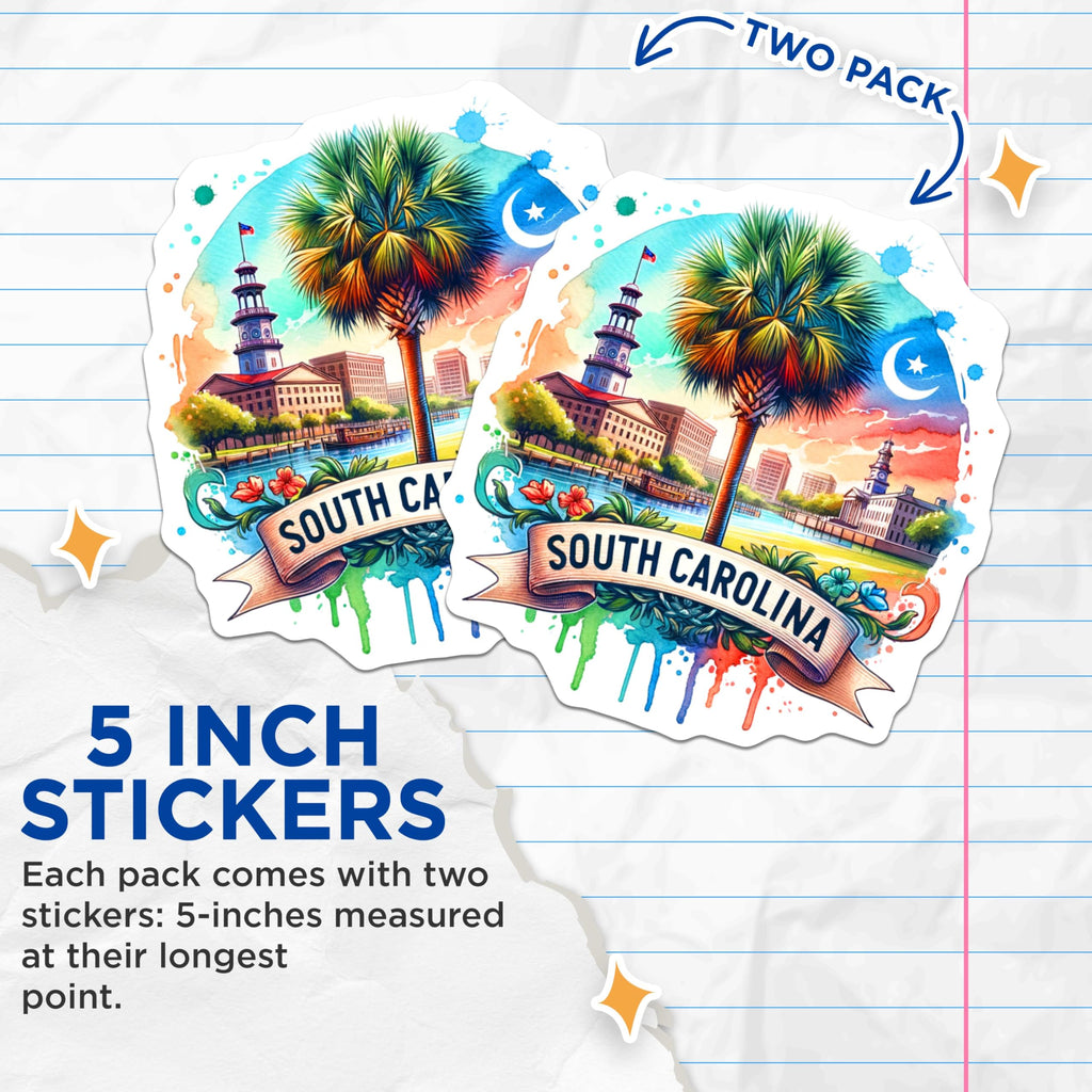 (2 Pack) South Carolina Stickers - Watercolor Skyline Art - Palmetto State Design Decals - 5" On Longest Side - Sticks to Smooth Flat Surfaces - Made in USA - BMCS6808