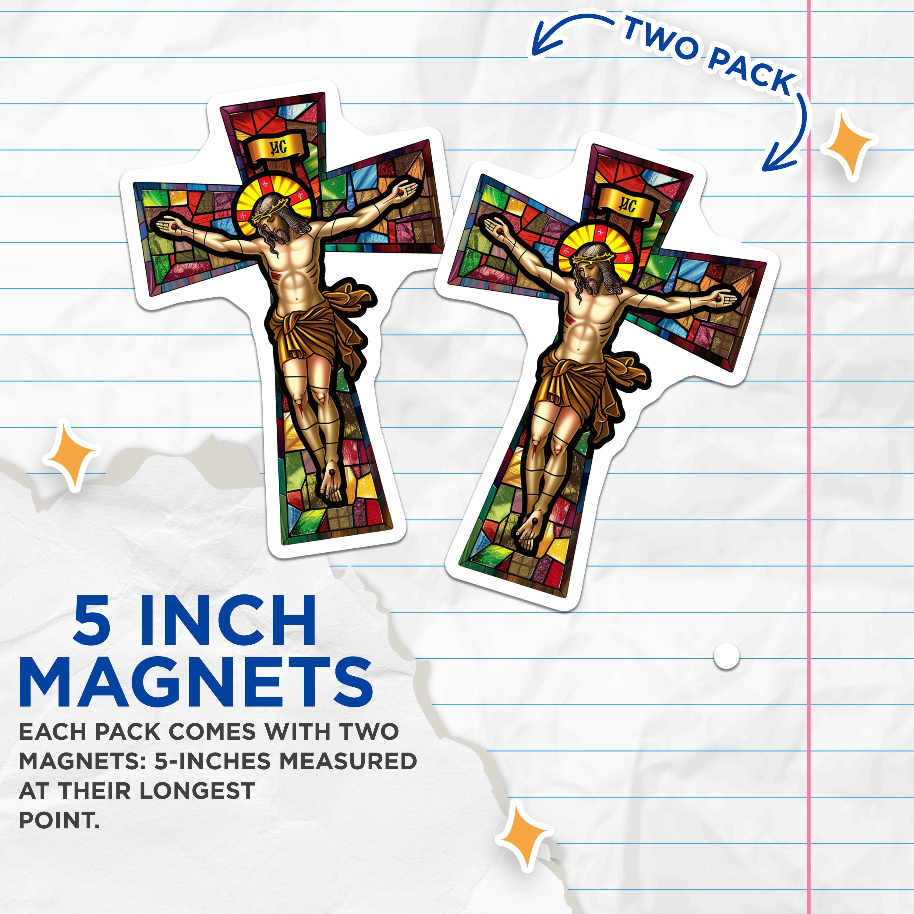 (2 Pack) Stained Glass Crucifix Magnets - Jesus Christ Religious Decor - Christian Faith Inspiration - 5 Inches On Longest Side - Thick Durable Magnet - Made in USA - MAG38376