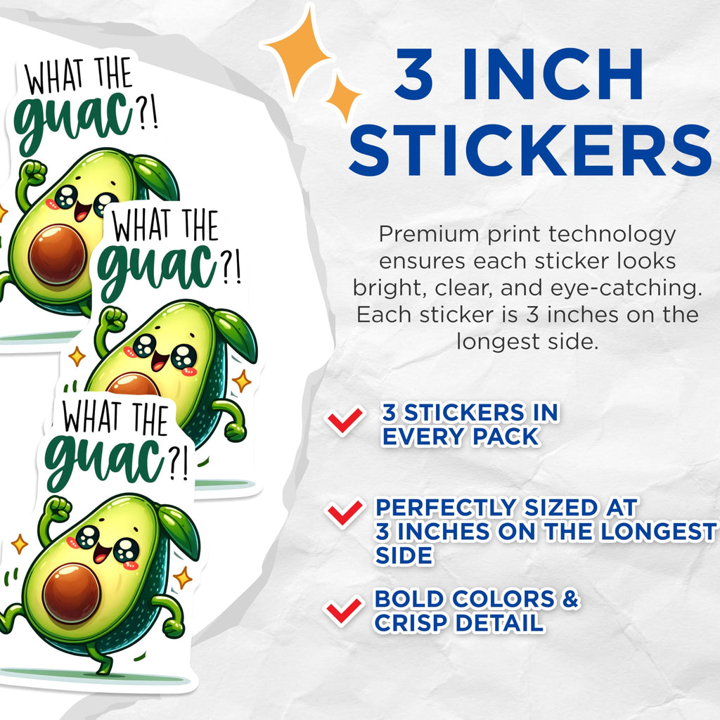 (3 Pack) What The Guac Decals - Funny Avocado Sticker - Trendy Laptop Stickers - 3 Inches On Longest Side - Easy Peel & Apply - Made in USA - 3MCS7555