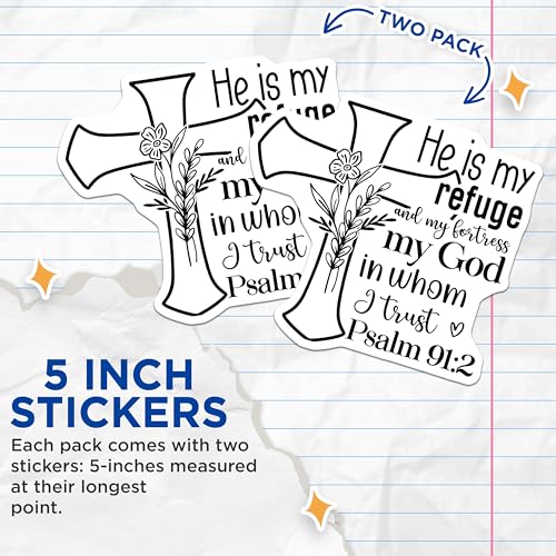 (2 Pack) He is My Refuge Stickers - Bible Verse Stickers - Christian Faith Stickers - 5" On Longest Side - Sticks to Smooth Flat Surfaces - Made in USA - BMCS3842