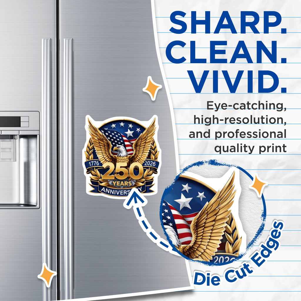 (2 Pack) 250th Anniversary USA Magnets - American Eagle Decor - Patriotic 1776-2026 Emblem - Historical Collector Item - 5 Inches On Longest Side - Thick Durable Magnet - Made in USA - MAG37781