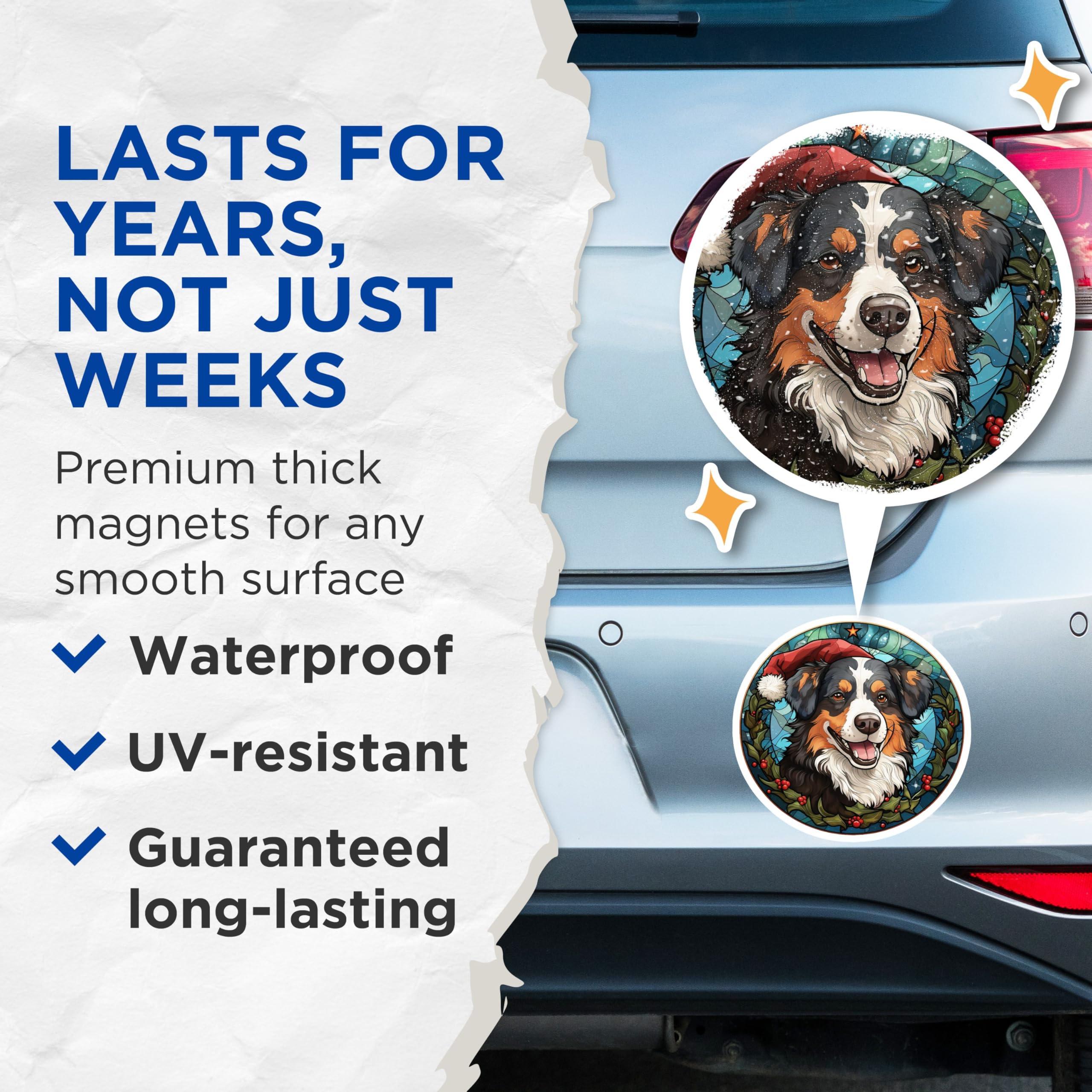 (2 Pack) Bernese Mountain Dog Magnets - Stained Glass Christmas Dog Decor - Holiday Refrigerator Pet - 5 Inches On Longest Side - Thick Durable Magnet - Made in USA - MAG28789