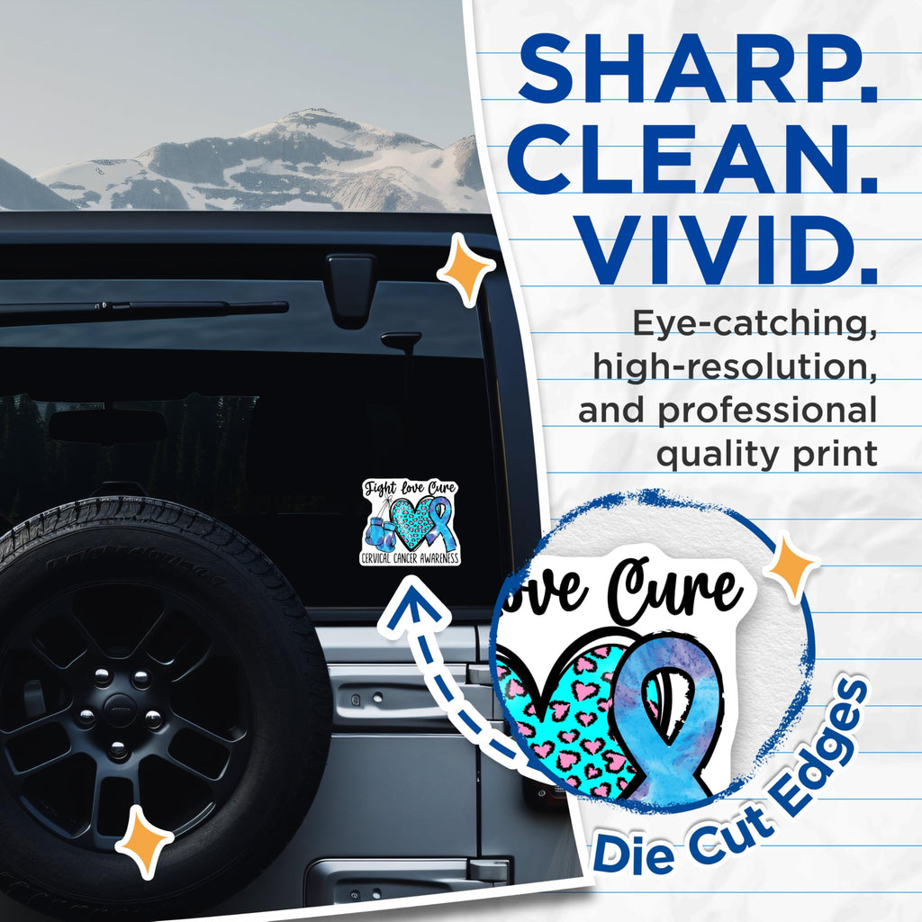 (2 Pack) Fight Love Cure Stickers - Cervical Cancer Awareness - Inspirational Stickers - 5" On Longest Side - Sticks to Smooth Flat Surfaces - Made in USA - BMCS4288