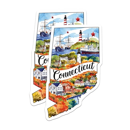 (2 Pack) Connecticut Travel Stickers - Scenic State Stickers - Map Stickers - 5" On Longest Side - Sticks to Smooth Flat Surfaces - Made in USA - BMCS6283