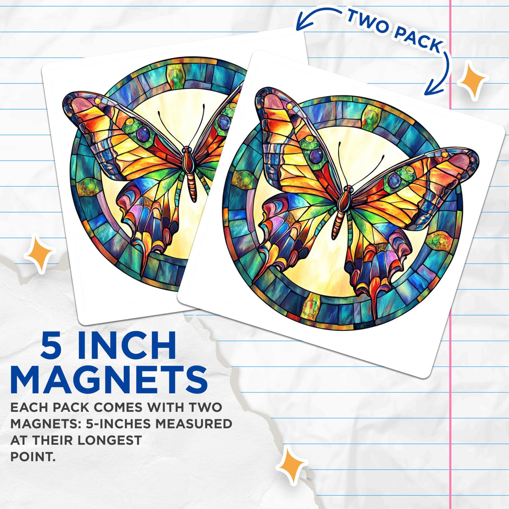(2 Pack) Stained Glass Butterfly Magnets - Vibrant Mosaic Art - Nature Inspired Decor - 5 Inches On Longest Side - Thick Durable Magnet - Made in USA - MAG27187
